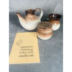 Vintage Peter Pots Pottery Teapot Sugar & Creamer Set - Mahogany Brown MCM